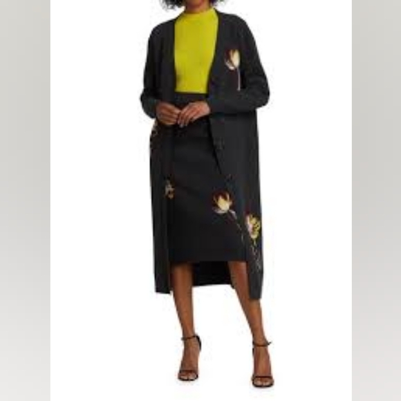 ♧$2890 NEW OSCAR DE LA RENTA CHARCOAL FLOWER PUNCH NEEDLE LONGLINE CARDIGAN L